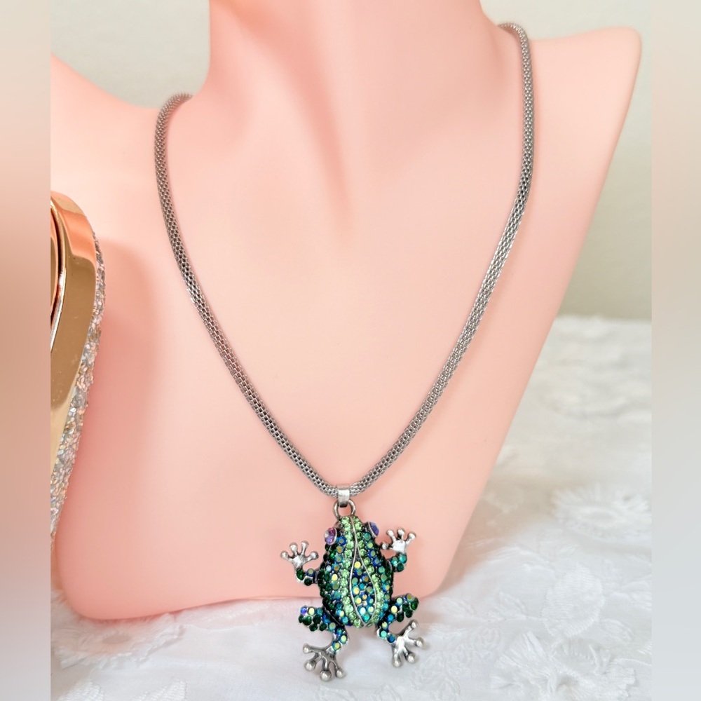 Silver Frog Pendant Necklace with Crystals - Picture 4 of 8